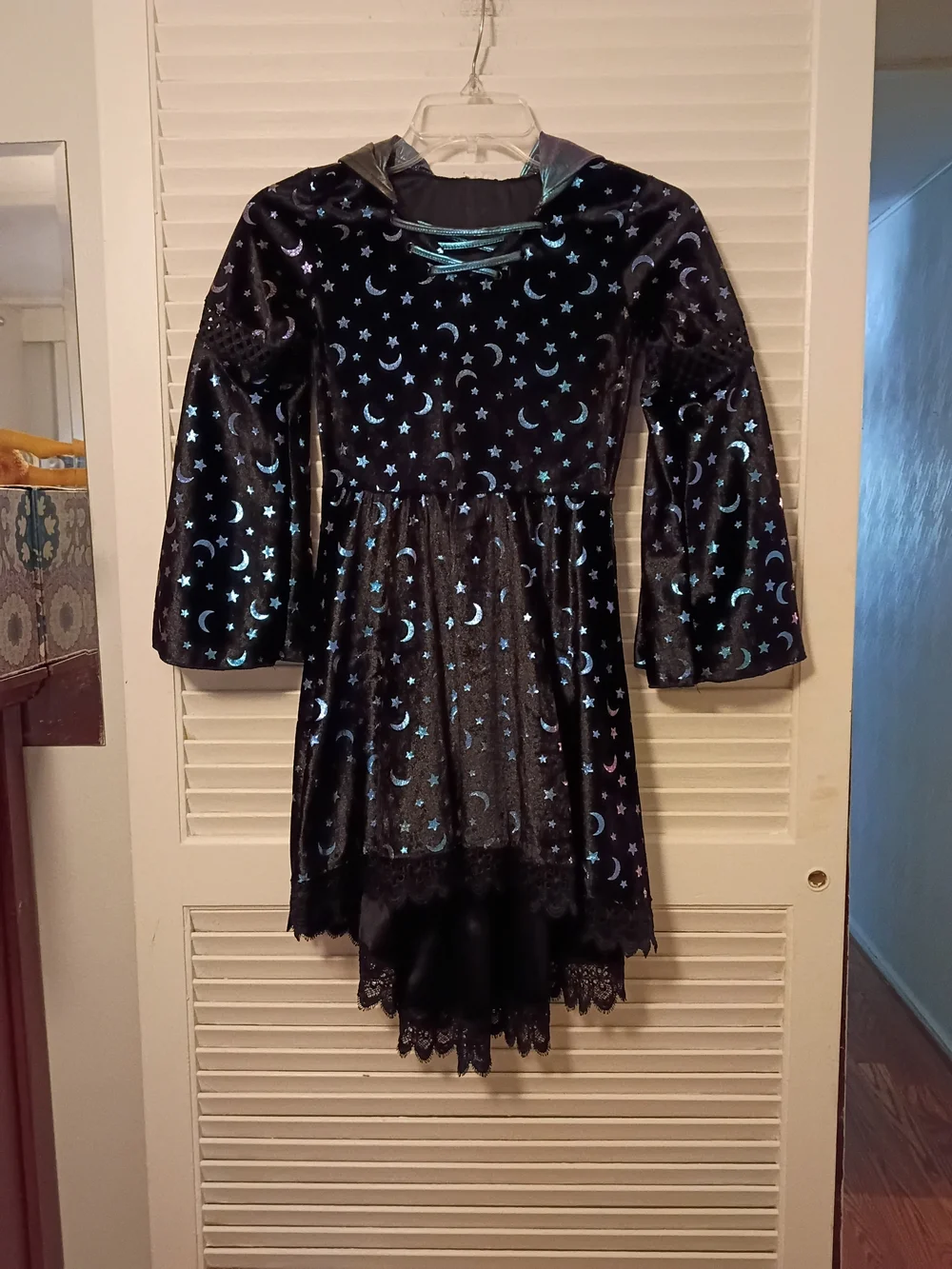 Spirit Black Velvet Moon & Stars Hooded Witch Dress Costume - Picture 5 of 8